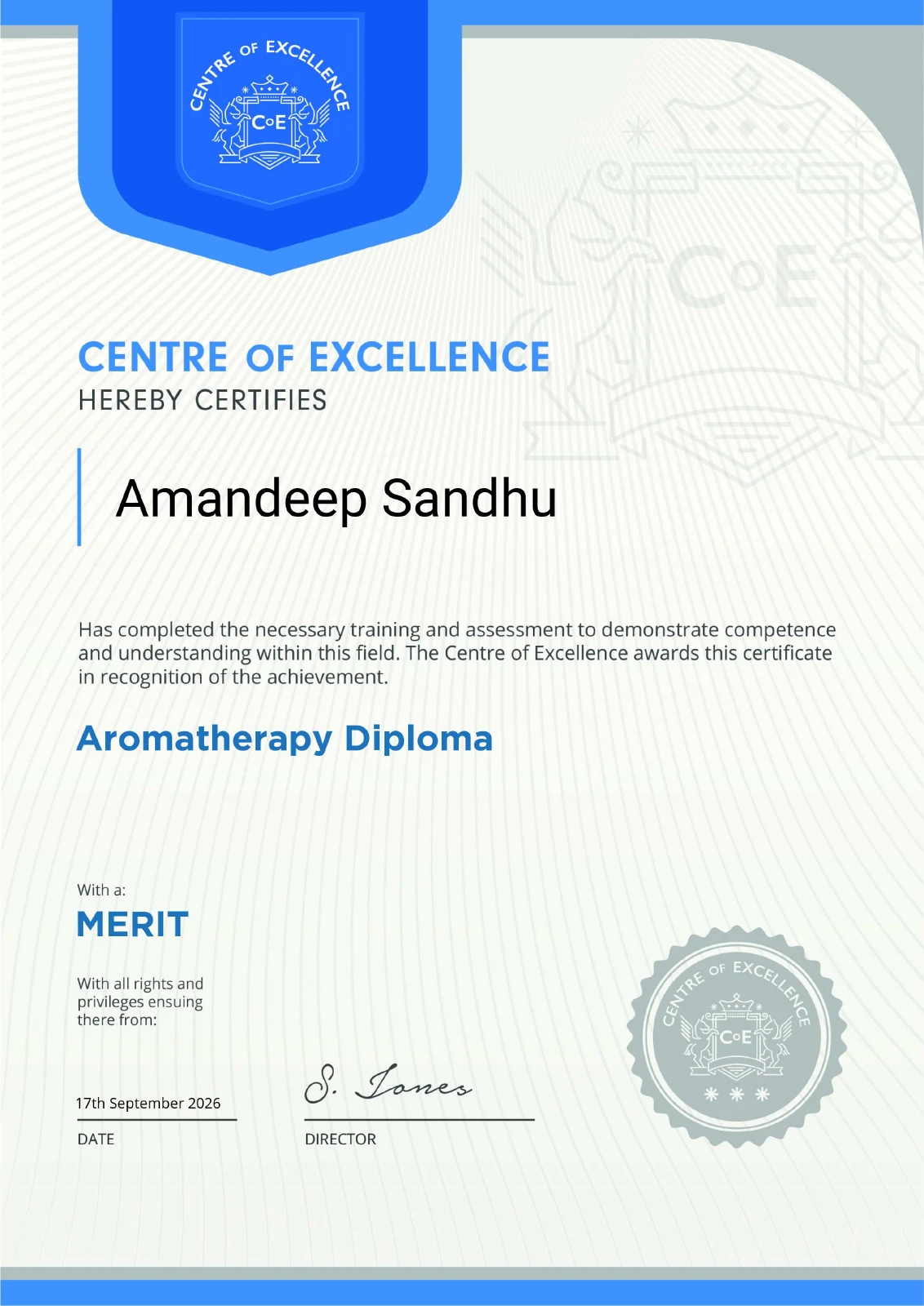 Amandeep Sandhu's Aromatherapy Diploma certificate — view full PDF