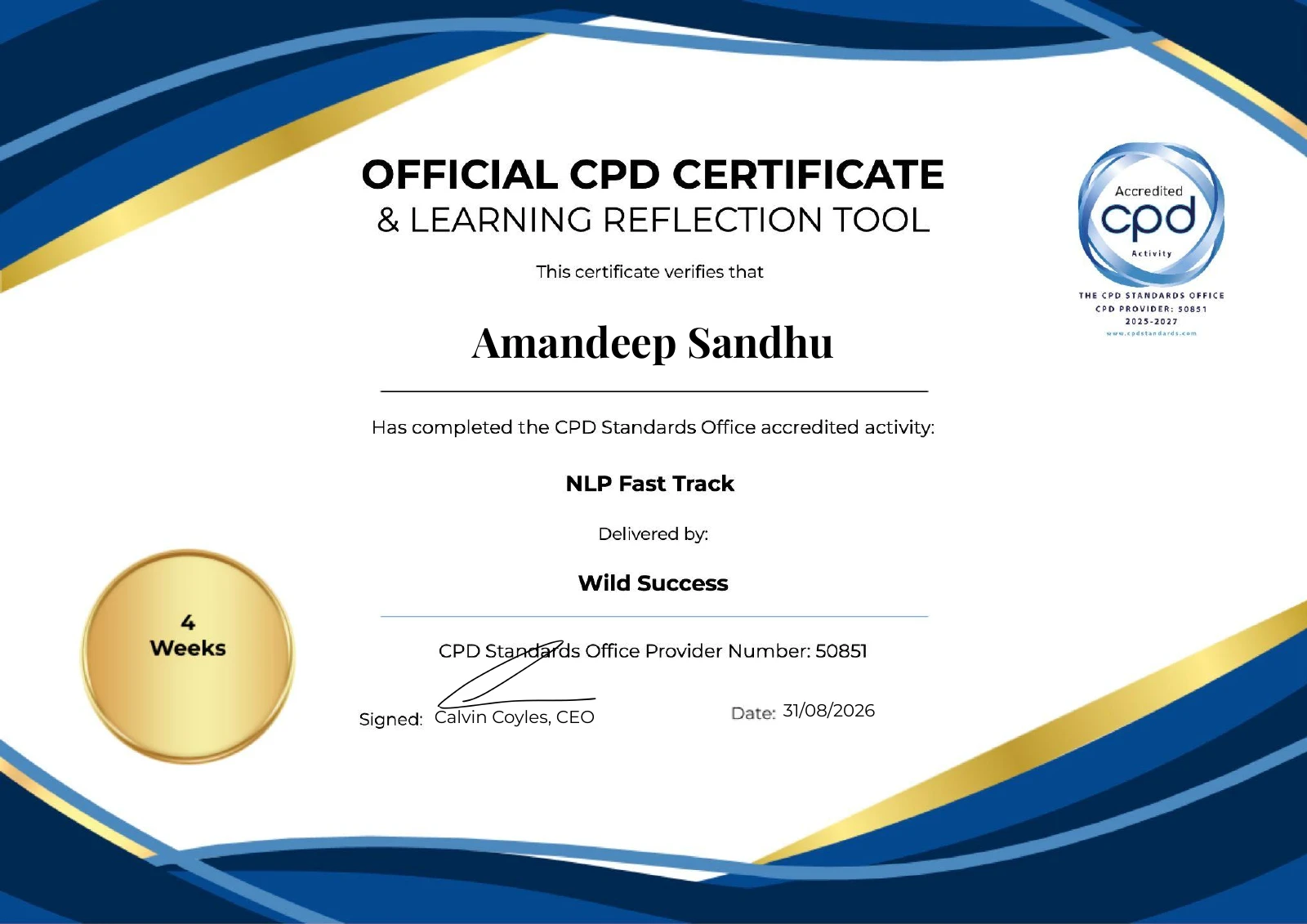 Amandeep Sandhu's NLP Fast Track CPD certificate — view full PDF